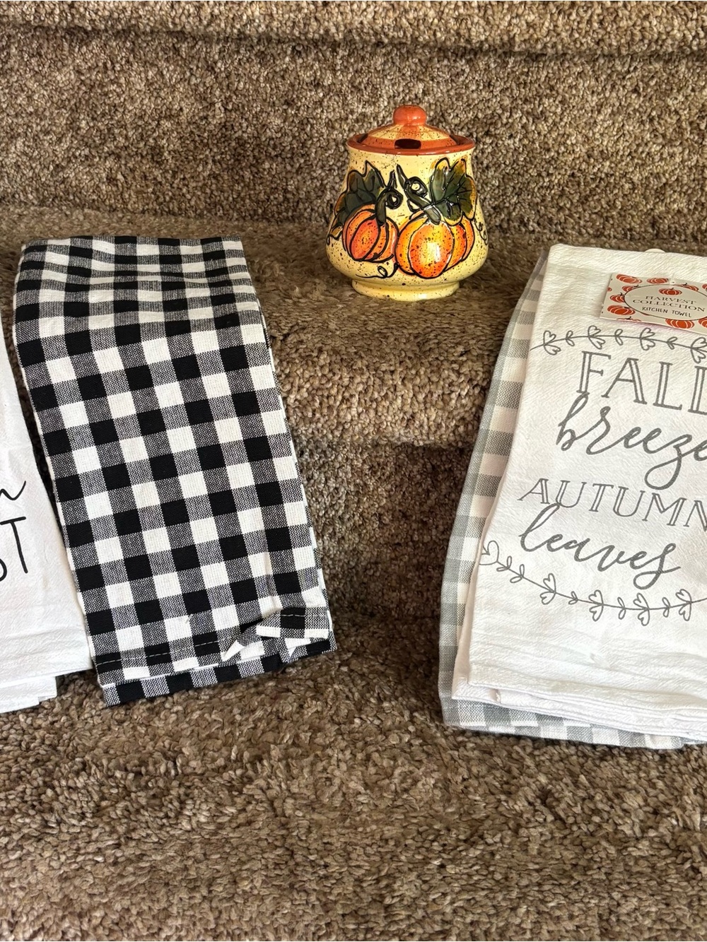 Kitchen Tea Towels Set - Black & White Check and Autumn Print